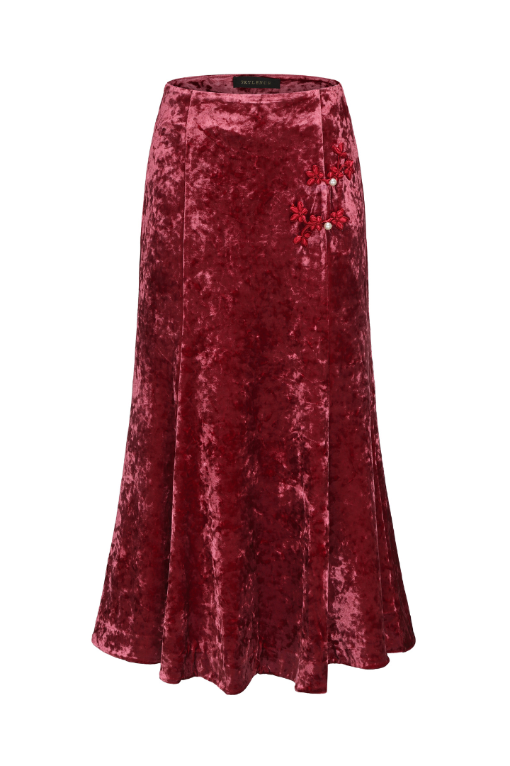 Velvet Plum Blossom Skirt Burgundy